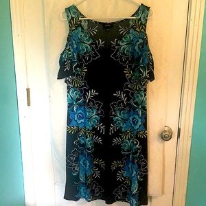 Cold-shoulder Dress, white details embossed. Blues&Greens on Black. V neck